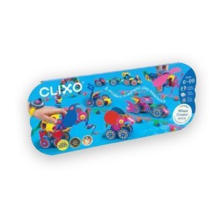 Clixo Wheel Creator Pack magnetisch bouwspeelgoed met 72 gekleurde flexibele onderdelen en wielen, uitgespreid op blauwe verpakking gezien van bovenaf