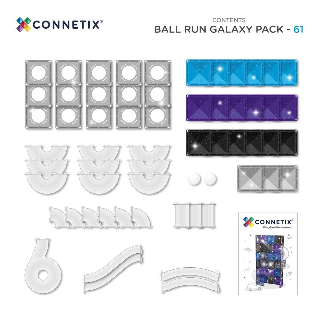 Connetix Ball Run Galaxy 61-delig set: overzicht van alle onderdelen inclusief magnetische tegels in blauw, paars, zwart en grijs, banen en knikkers