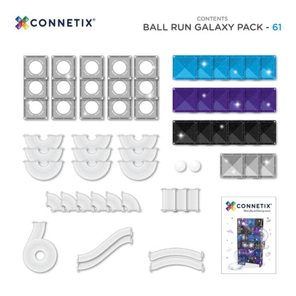 Connetix Ball Run Galaxy 61-delig set: overzicht van alle onderdelen inclusief magnetische tegels in blauw, paars, zwart en grijs, banen en knikkers