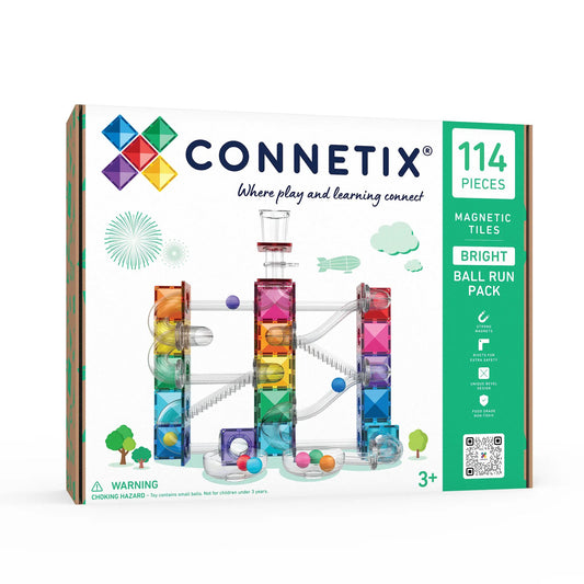 Connetix Bright Ball Run Pack met 114 magnetische tegels: kleurrijke knikkerbaan opstelling met spiraalbuizen en gekleurde ballen.