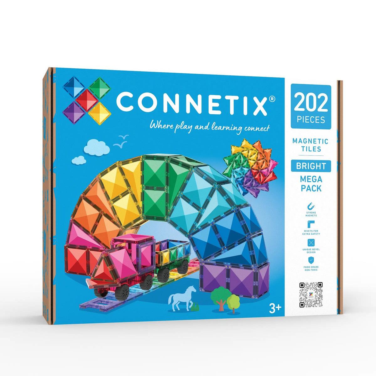 Connetix Bright Mega Pack 202 magnetische tegels: kleurrijke bouwstructuren met voertuig en dierensilhouetten op verpakking