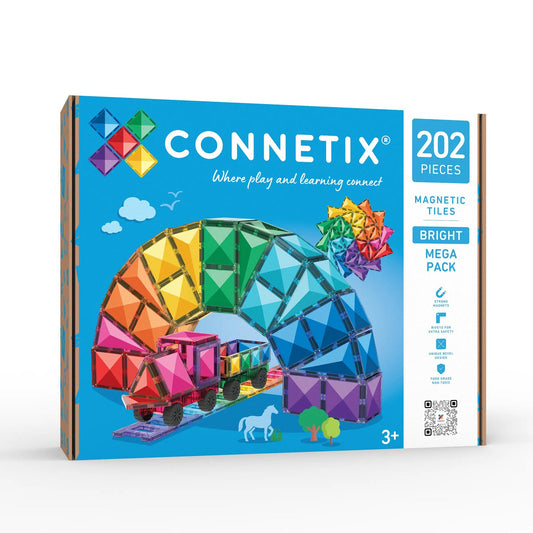 Connetix Bright Mega Pack 202 magnetische tegels: kleurrijke bouwstructuren met voertuig en dierensilhouetten op verpakking