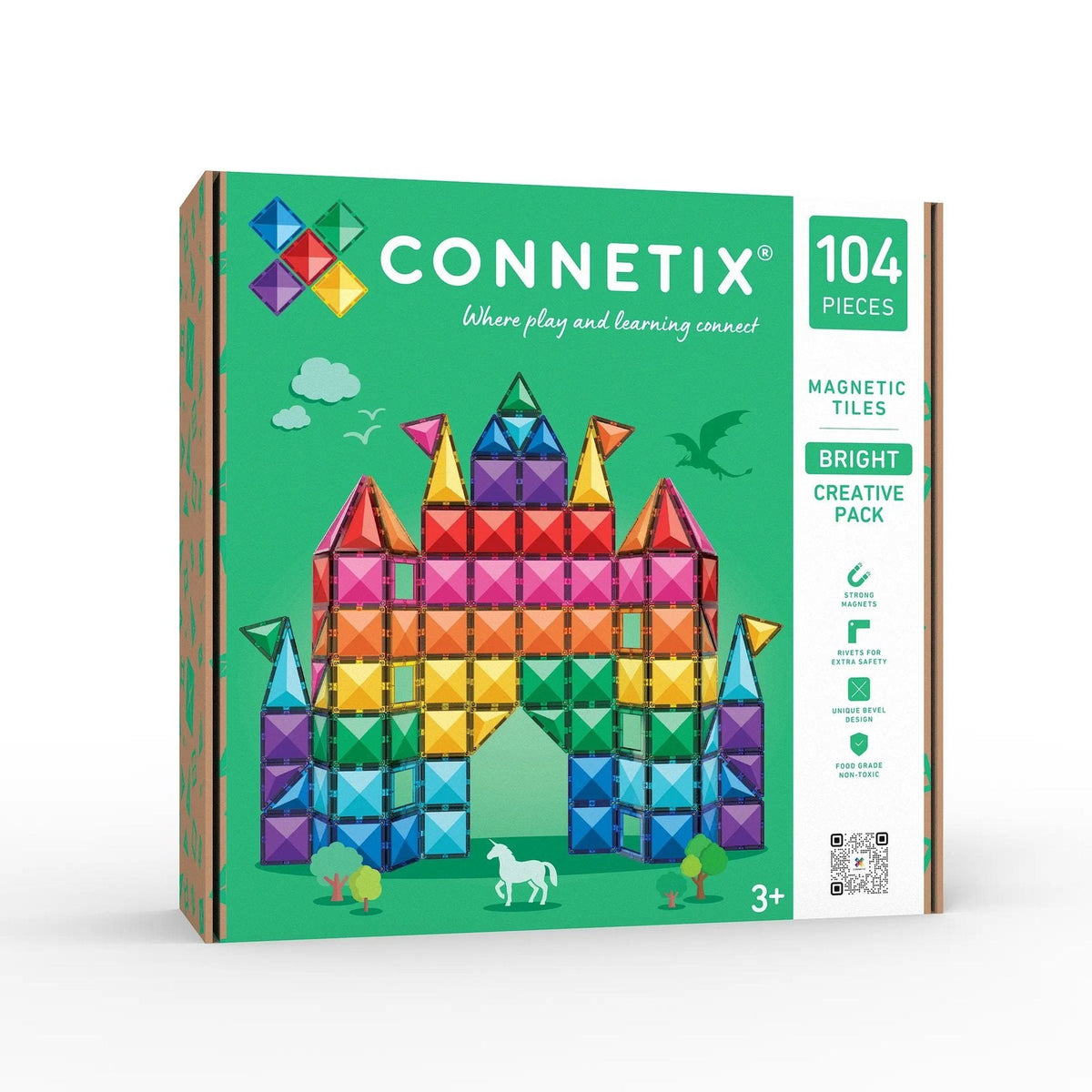 Connetix magnetische tegels: verpakking met kasteel-bouwwerk in felle kleuren op groene achtergrond.