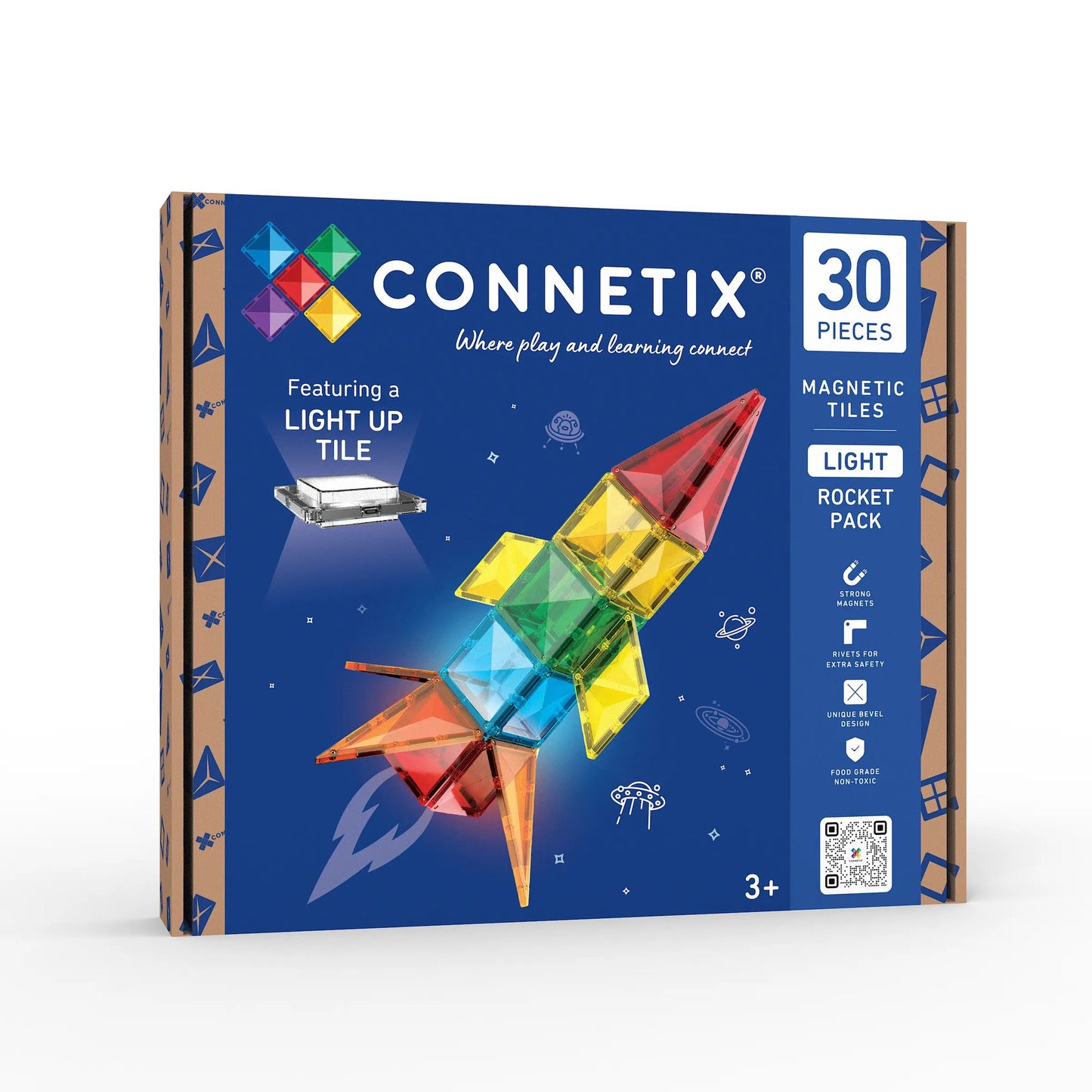 Connetix Light Rocket Pack magnetische tegels 30-delig met verlichte raket bouwset op verpakking