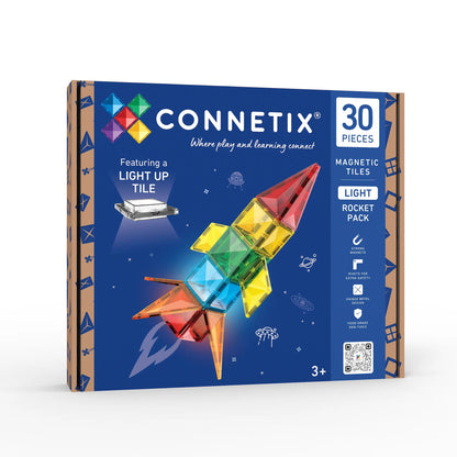Connetix Light Rocket Pack magnetische tegels 30-delig met verlichte raket bouwset op verpakking