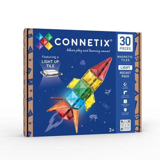Connetix Light Rocket Pack magnetische tegels 30-delig met verlichte raket bouwset op verpakking