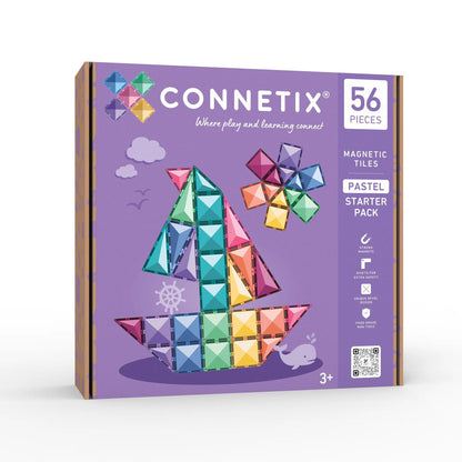 Connetix Tiles Pastel Starter Pack magnetische tegels in pastelkleuren, verpakking met 56 stuks weergegeven vanuit voorkant.