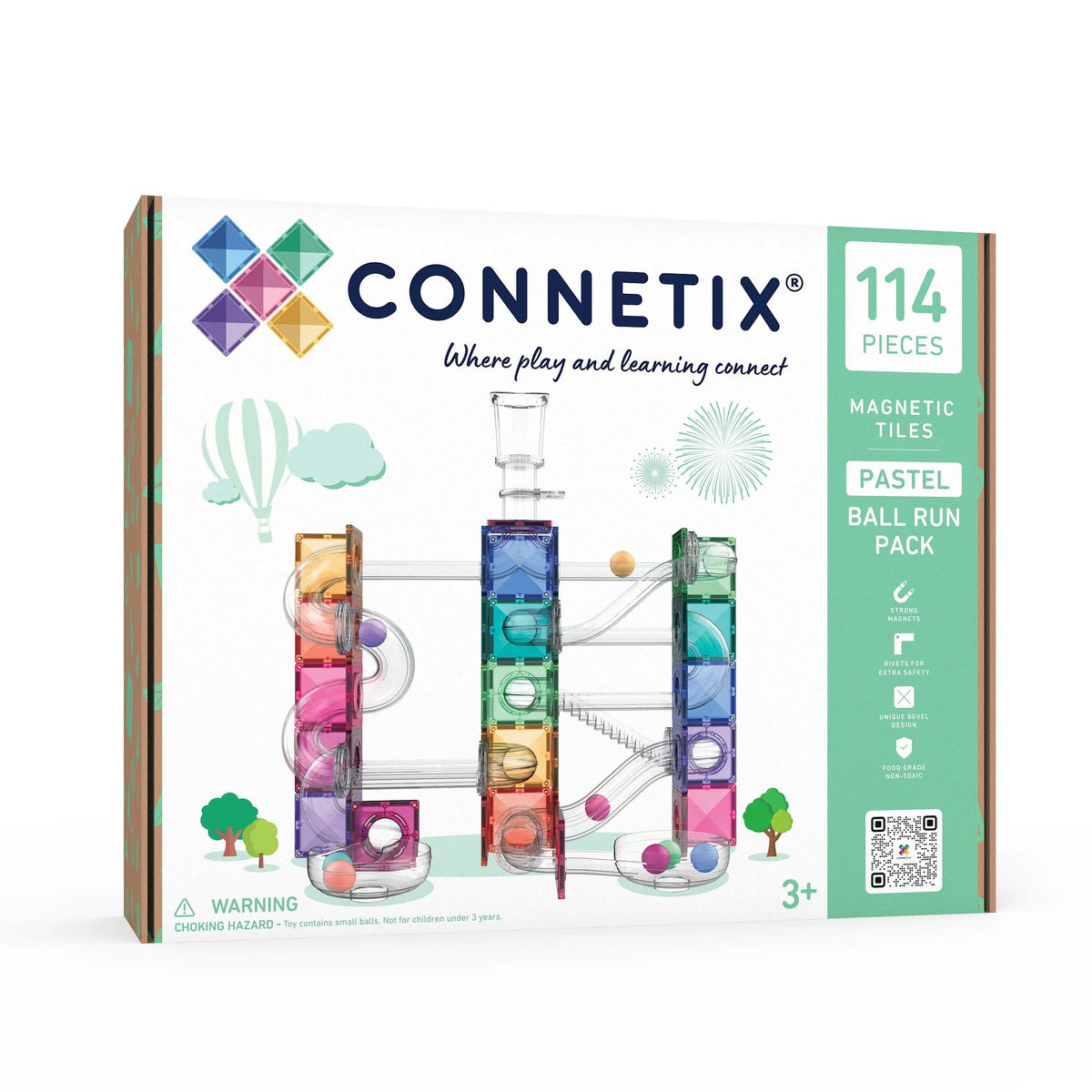 Connetix Tiles Ball Run Pastel Pack met 114 magnetische tegels, verpakking toont kleurrijke balbaan-constructie van bovenaf