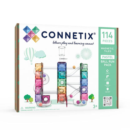 Connetix Tiles Ball Run Pastel Pack met 114 magnetische tegels, verpakking toont kleurrijke balbaan-constructie van bovenaf
