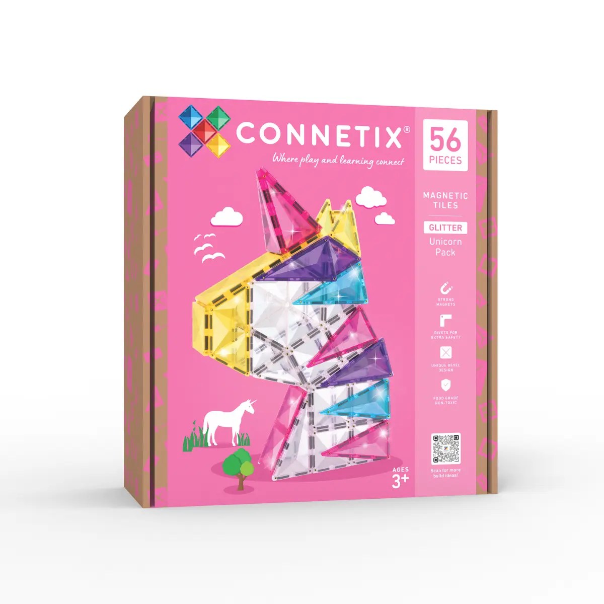 Connetix Glitter Unicorn Pack 56 magnetische tegels in roze verpakking met unicorn-gebouw als vooraanzicht