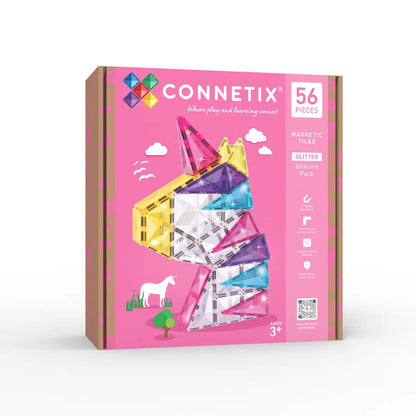 Connetix Glitter Unicorn Pack 56 magnetische tegels in roze verpakking met unicorn-gebouw als vooraanzicht