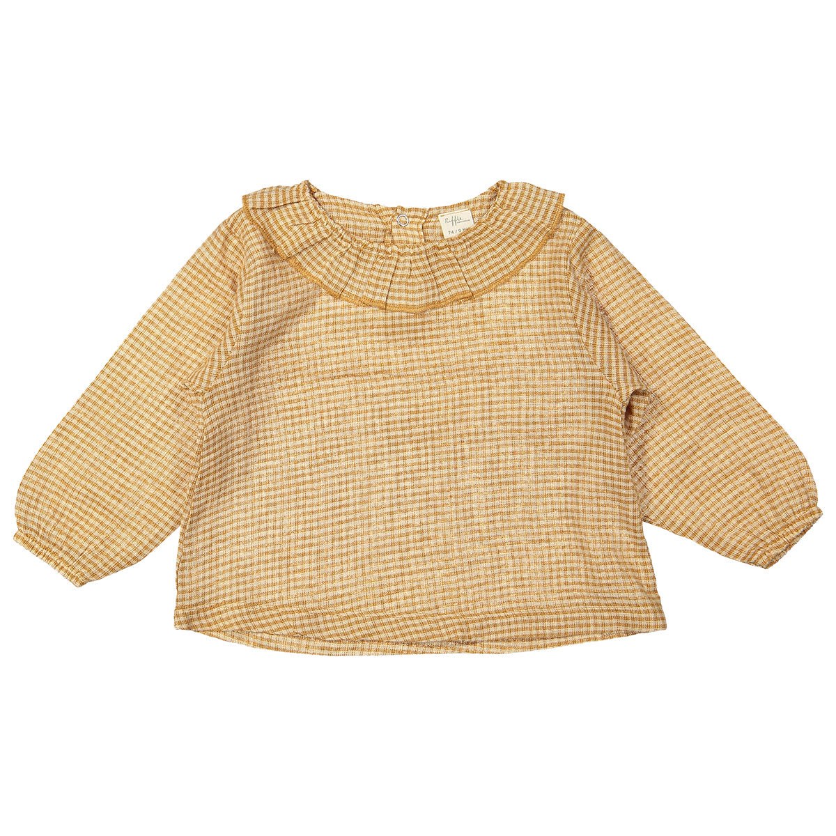 Riffle Amsterdam blouse bruin geblokt met pofmouwen, flat lay vooraanzicht op witte achtergrond