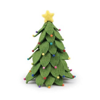 Sjaal met Verhaal handgemaakte decoratie kerstboom in donkergroen wolvilt met multicolor details en gele ster, frontaal gefotografeerd