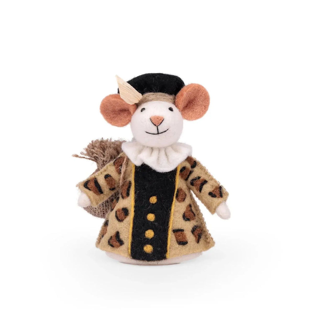 Sjaal met Verhaal decoratie muis Panterpiet van wolvilt, frontaanzicht met panterprint jas en baret