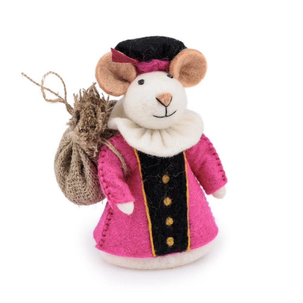 Sjaal met Verhaal decoratie muis in fuchsia jasje met zwarte hoed, jute zak en witte kraag - voorkant