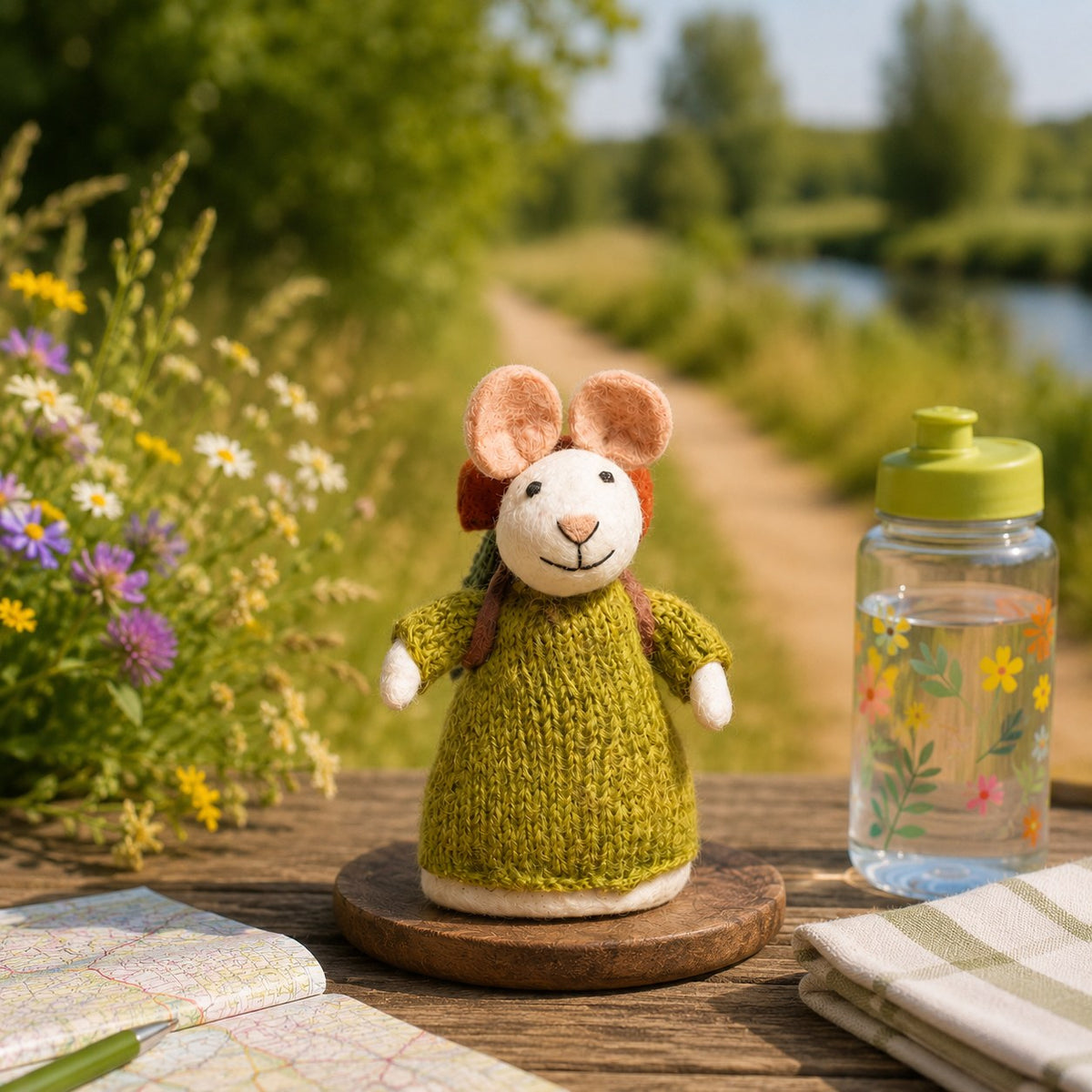 Sjaal met Verhaal vilten wandelaar muis in lichtgroene trui, zittend op houten schijf tussen bloemen en water bottle in natuurlandschap