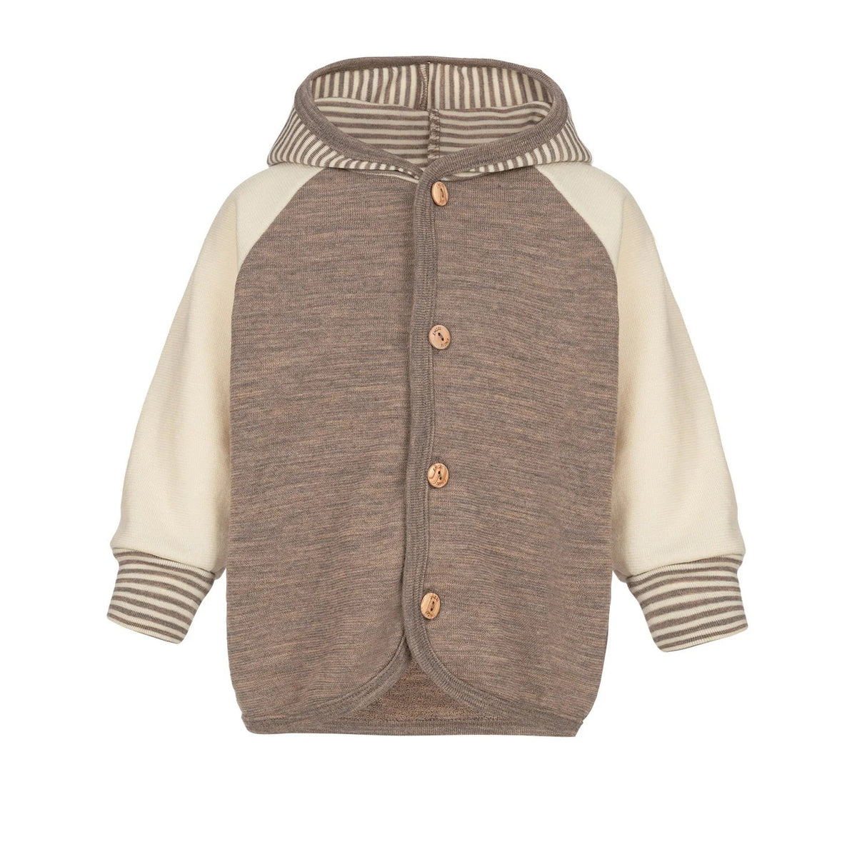 Engel wollen jasje met capuchon, grijs-beige kleurcombinatie, frontaanzicht met houten knopenrij en gestreepte manchetten