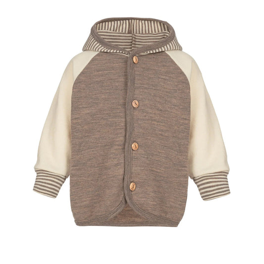 Engel wollen jasje met capuchon, grijs-beige kleurcombinatie, frontaanzicht met houten knopenrij en gestreepte manchetten