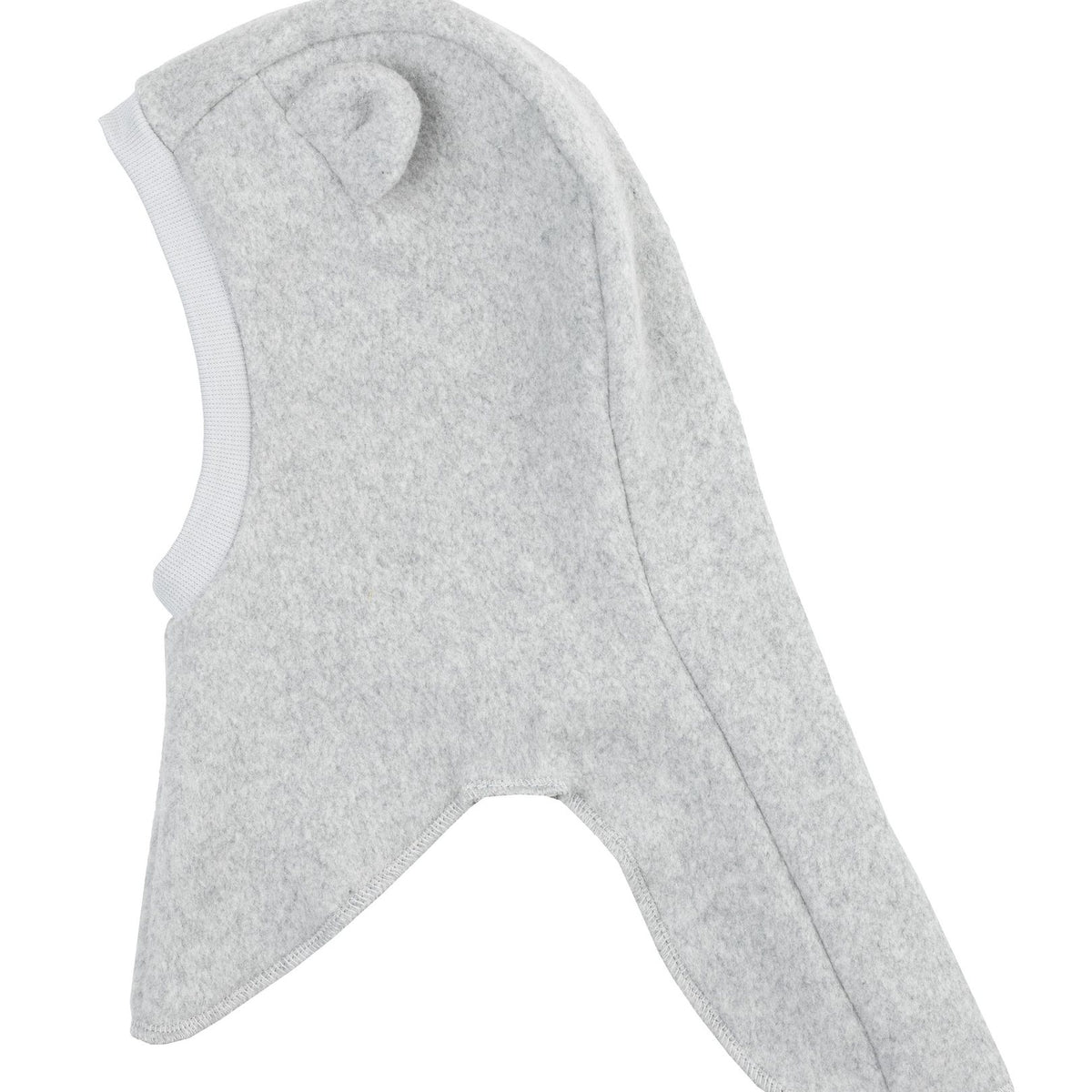 Wooly Organic teddy fleece balaclava in lichtgrijs, volledige hoofd- en nekafdekking, vooraanzicht met uitvouwde vorm