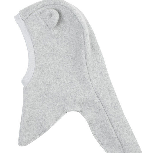 Wooly Organic teddy fleece balaclava in lichtgrijs, volledige hoofd- en nekafdekking, vooraanzicht met uitvouwde vorm