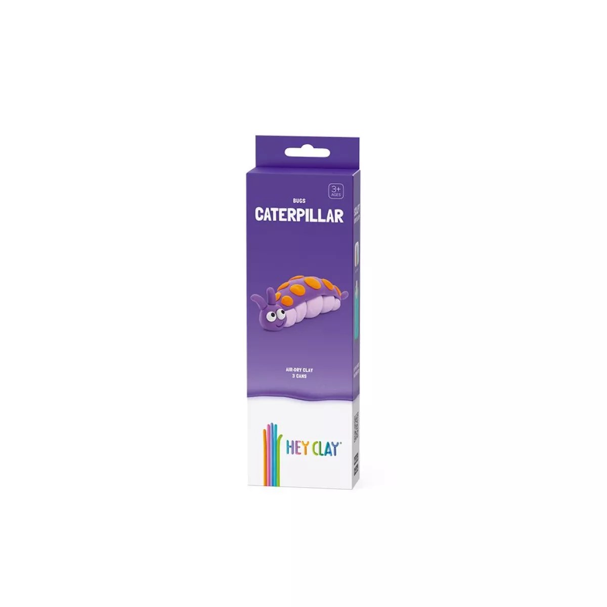 Hey Clay Caterpillar modelleerklei set met paarse verpakking, weergegeven tegen witte achtergrond met colorful Hey Clay logo onderaan.