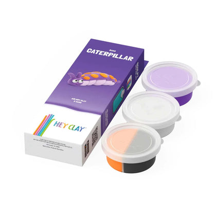 Hey Clay Caterpillar set met 3 potjes luchtdrogende klei in paarse verpakking, opened met drie containers zichtbaar