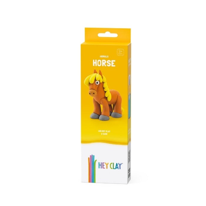 HeyClay Paard Air-Dry Clay verpakking met geel doosje en afbeelding van bruine paard-figuur met gele manen.