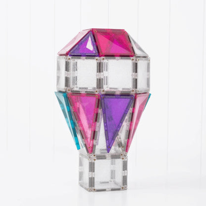 Connetix magnetische tegels - transparante en glitter roze/paarse bouwstructuur in toren-vorm, vooraanzicht