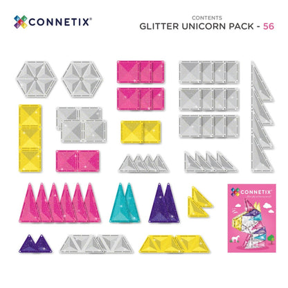 Connetix magnetische tegels Glitter Unicorn Pack - 56 stuks volledig uitgelegd met alle onderdelen in overzicht