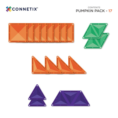 Connetix magnetische tegels Halloween Pumpkin Pack: oranje rechthoeken, groene en paarse driehoeken in opstelling