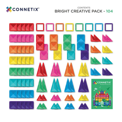 Connetix Bright Creative Pack 104 - magnetische tegels set met gekleurde vierkanten, driehoeken en instructiekaart op witte achtergrond