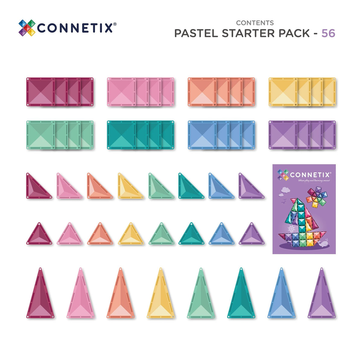 Connetix Pastel Starter Pack met magnetische tegels in 8 pastelkleuren, inclusief rechthoekige platen en driehoekige stukken