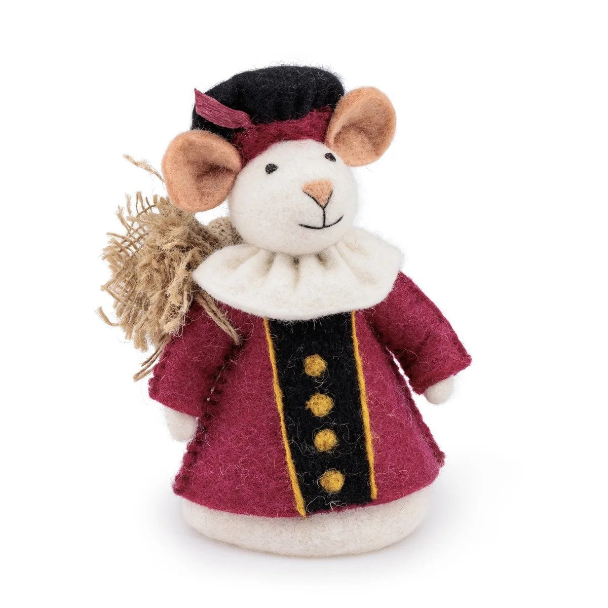Sjaal met Verhaal decoratie muis in wolvilt: Pietermuis in rood jasje met zwarte voorkant en gouden knopen, frontaal gefotografeerd