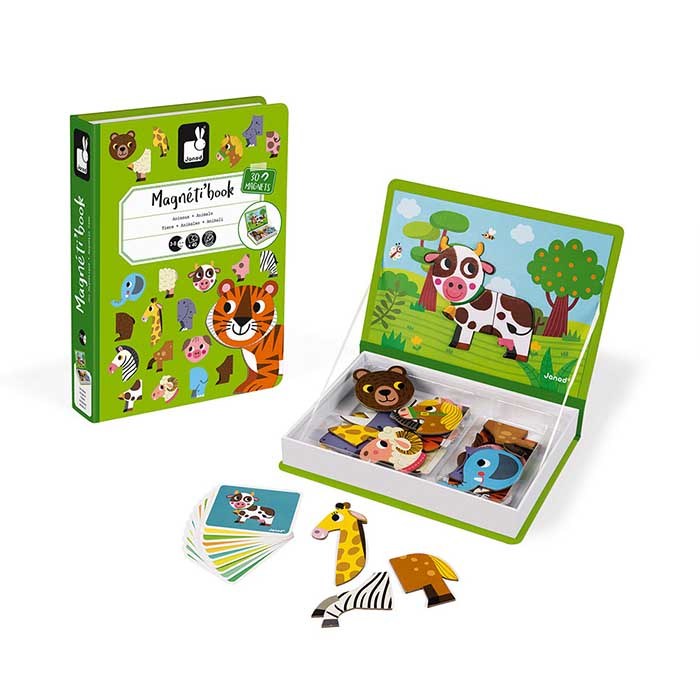Janod Magnetibook Dieren magnetisch boek open met dierenmagneten, voorbeeldkaarten en opbergvakken zichtbaar