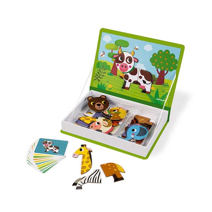 Janod Magnetibook Dieren magneetboek opengewerkt met dierenmagneten en kaarten, bovenaanzicht
