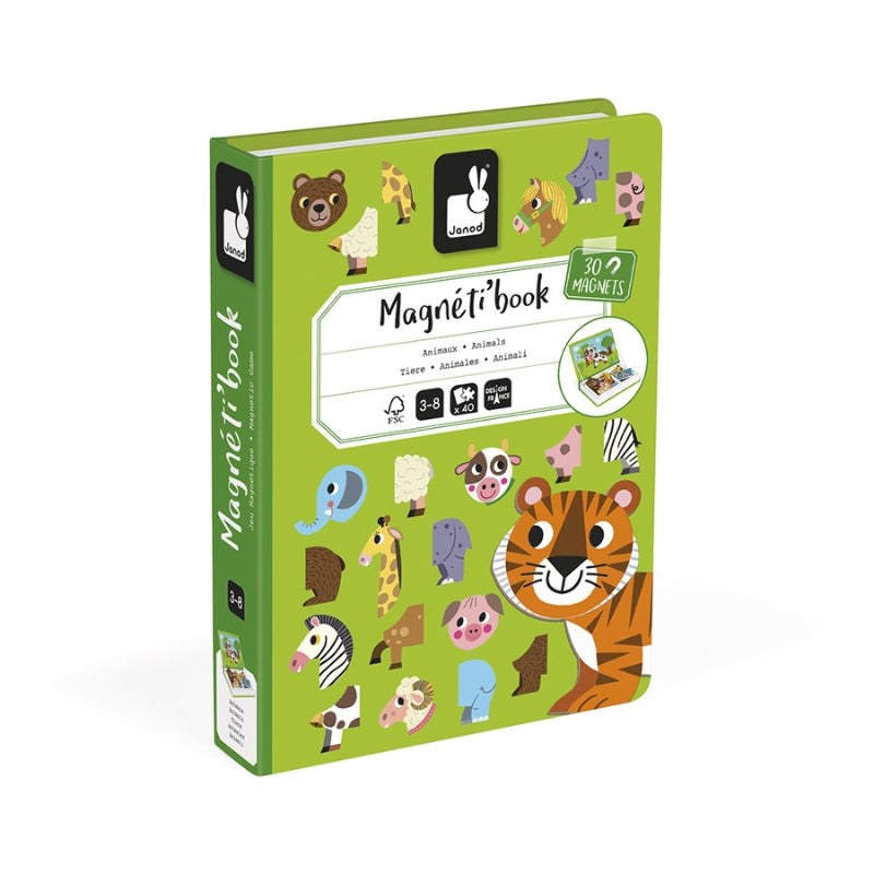 Janod Magnetibook Dieren magneetboek in groen, schuin weergegeven met kleurrijke dierenmagneten zichtbaar op de voorkant