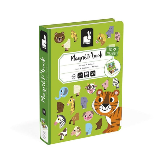 Janod Magnetibook Dieren magneetboek in groen, schuin weergegeven met kleurrijke dierenmagneten zichtbaar op de voorkant