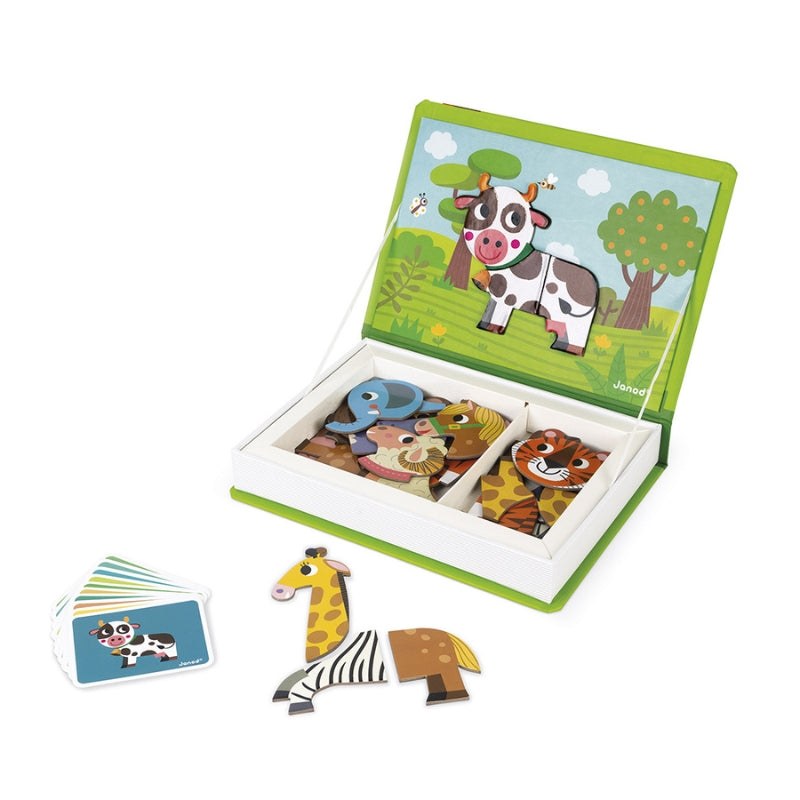 Janod Magnetibook Dieren magneetboek open met dierenmagneten en voorbeeldkaarten, bovenaanzicht