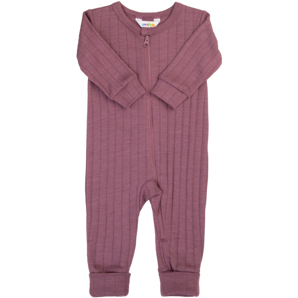 Joho jumpsuit oud roze - geribde pyjama met rits, volledige voorkant zichtbaar