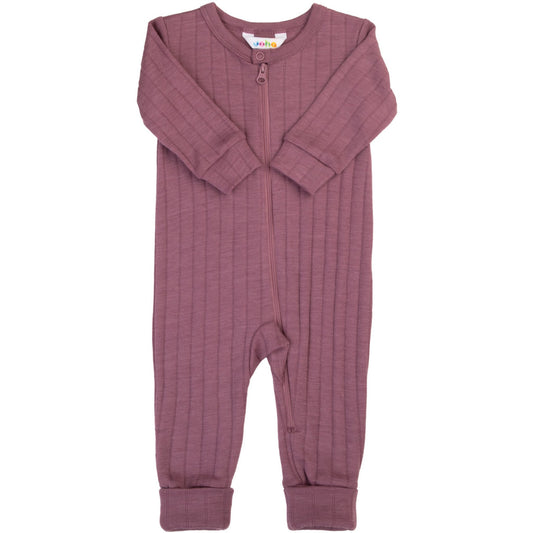 Joho jumpsuit oud roze - geribde pyjama met rits, volledige voorkant zichtbaar
