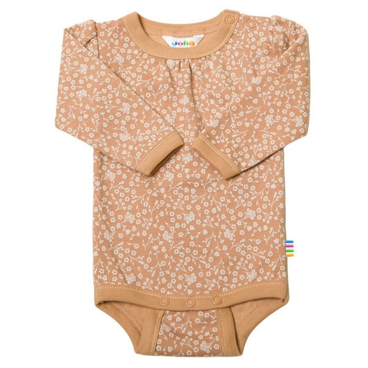 Bruine babyromper met wit bloemenpatroon, Jolie mêlee design, volledig uitgestrekt tegen witte achtergrond