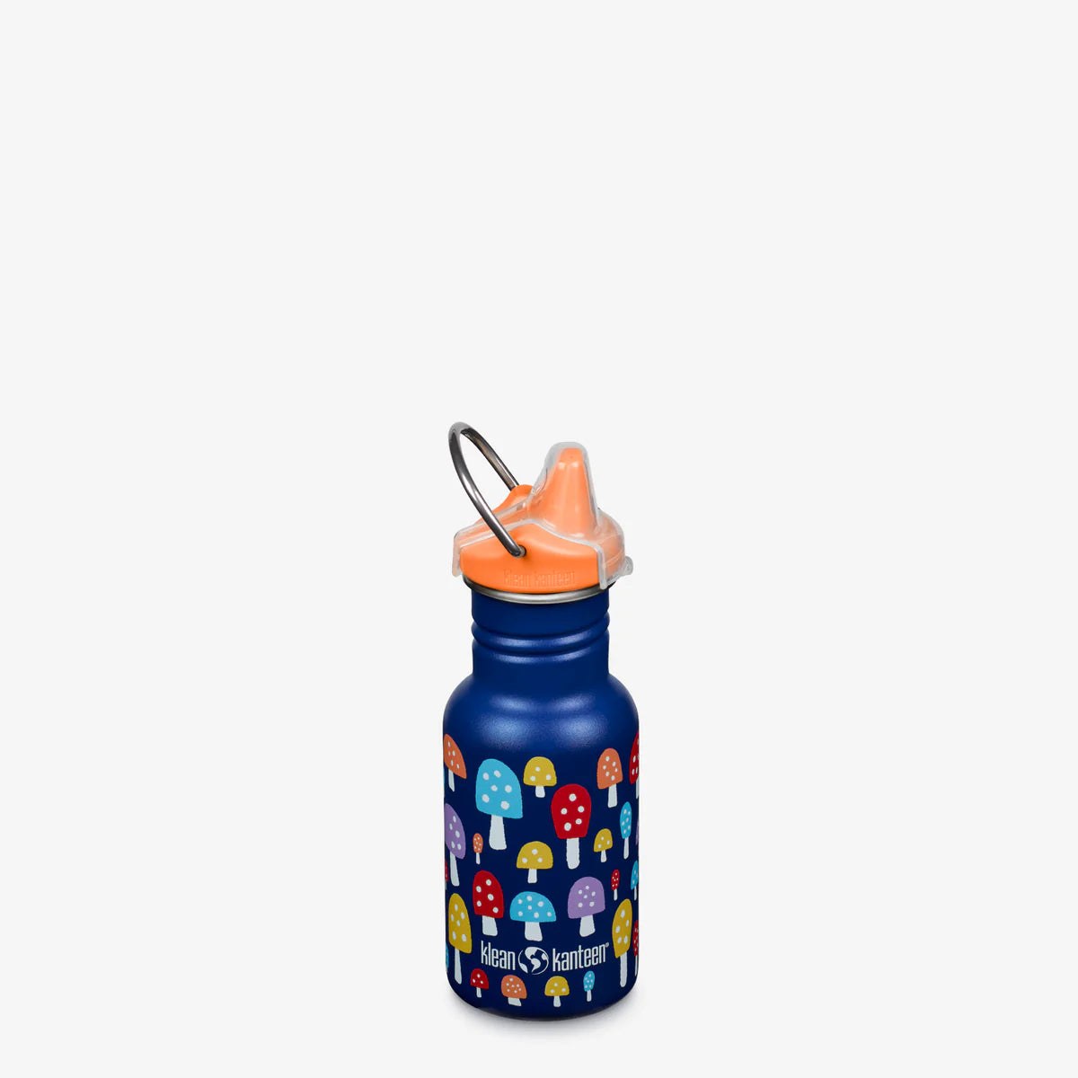 Klean Kanteen kinderfles 355ml met oranje sippy cap en paddestoelen design op donkerblauwe achtergrond
