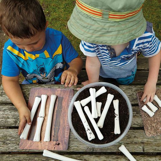 Yellow Door dinosaurus botten set: twee kinderen sorteren witte beenderen op houten tafel, met botten in aarde-gevulde pot en op meetbord.
