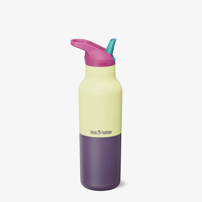 Klean Kanteen Rise Classic 473ml drinkfles met roze Flip Seal Sport Cap, geel-paarse kleurverdeling, frontaanzicht.
