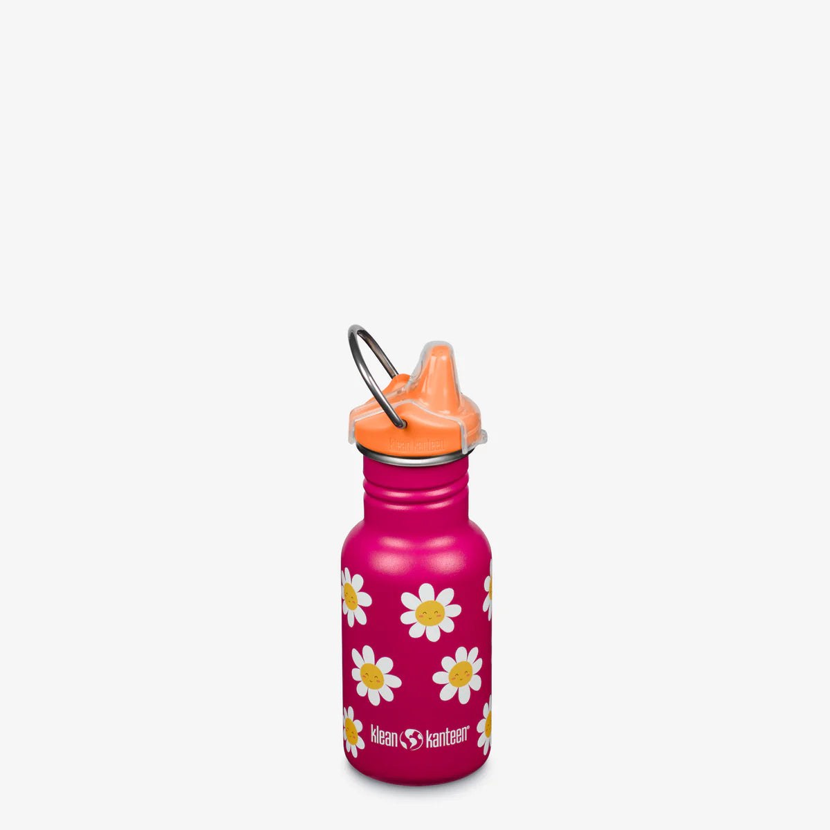 Klean Kanteen Classic Narrow 355ml kinderfles met roze/magenta kleur en witte bloemen print, oranje sippy cap, frontaanzicht tegen witte achtergrond