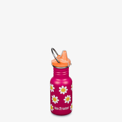 Klean Kanteen Classic Narrow 355ml kinderfles met roze/magenta kleur en witte bloemen print, oranje sippy cap, frontaanzicht tegen witte achtergrond