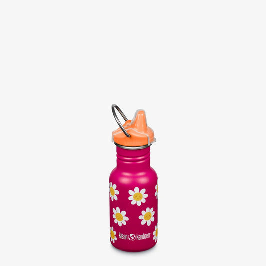 Klean Kanteen Classic Narrow 355ml kinderfles met roze/magenta kleur en witte bloemen print, oranje sippy cap, frontaanzicht tegen witte achtergrond