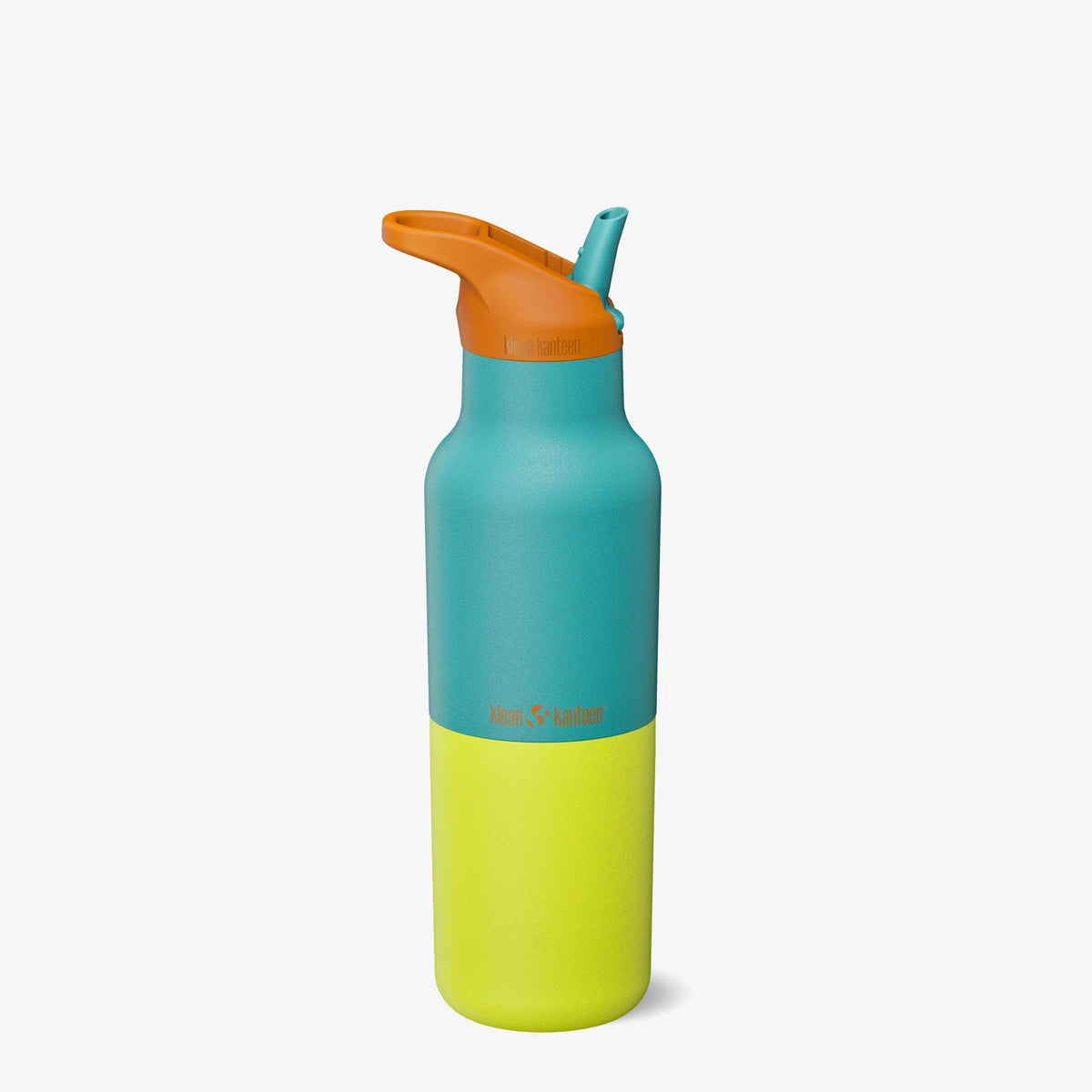 Klean Kanteen Rise Vac Classic thermosfles 473ml met turquoise bovenkant, oranje sportdop en geel-groen ondergedeelte, vooraanzicht.