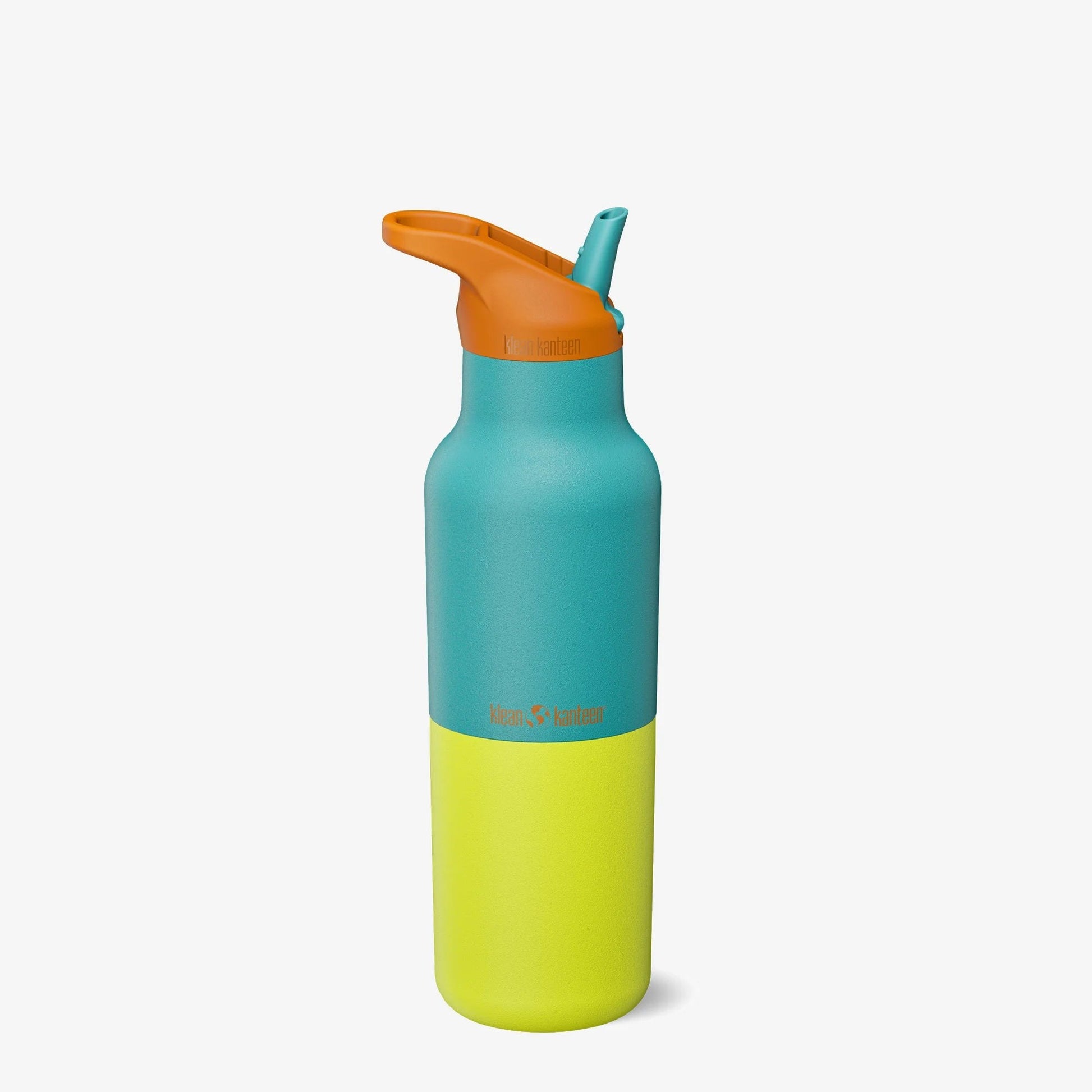 Klean Kanteen Rise Vac Classic thermosfles 473ml met turquoise bovenkant, oranje sportdop en geel-groen ondergedeelte, vooraanzicht.