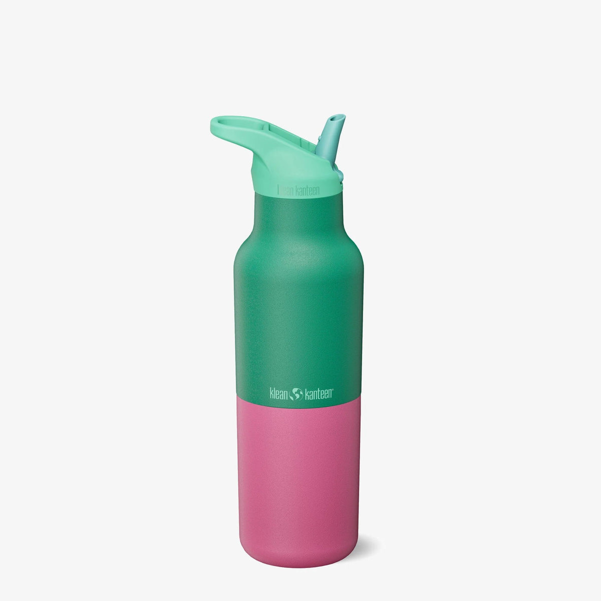 Klean Kanteen Rise Classic 473ml drinkfles in groen en roze, frontaanzicht met flip seal sport cap